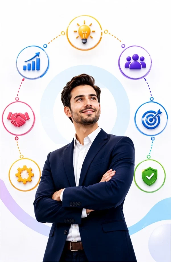 Marketing strategist surrounded by growth icons